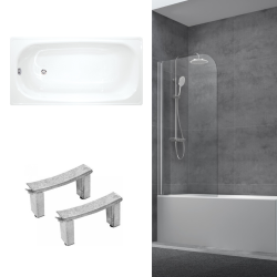 Jika (Groupe Roca) 140x70 cm Ensemble baignoire Riga universelle + Pare baignoire pivotant chrome + pieds (A140-SETP)