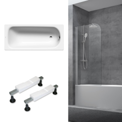 Kaldewei 180x80 cm Ensemble baignoire Saniform universelle + Pare baignoire pivotant chrome + pieds ( KW3751-SETP1)