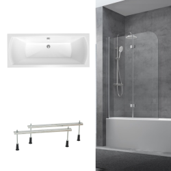 Siko 160x70 cm Ensemble baignoire Laguna universelle + Pare baignoire pliable, 2 volets chrome + pieds (CUB1600PLUS-SETP2)